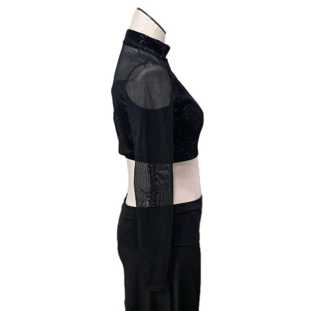 Body Wrappers VTG Mesh Velvet LS Mock Neck Dance Midriff Bling Top Size Adult L - Picture 7 of 16